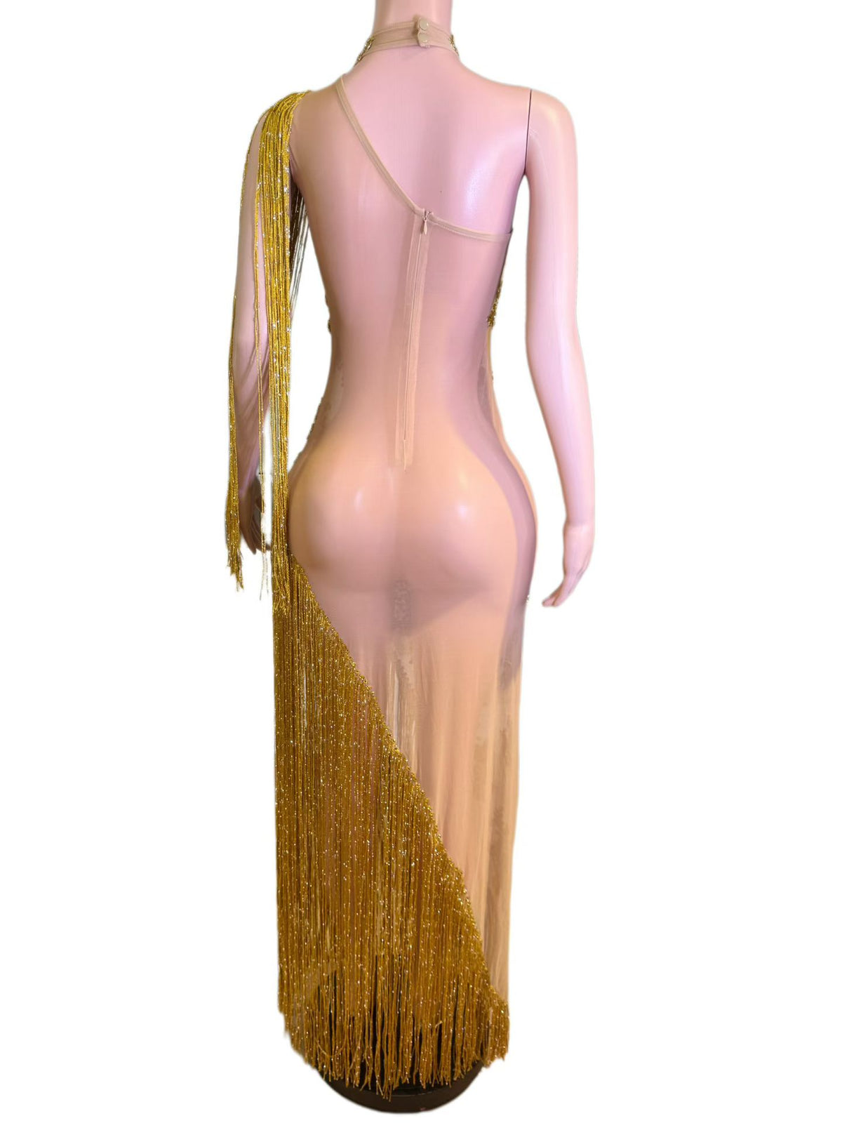 CELESINYI Jindao Crystal Gold Floral Fringe Gown