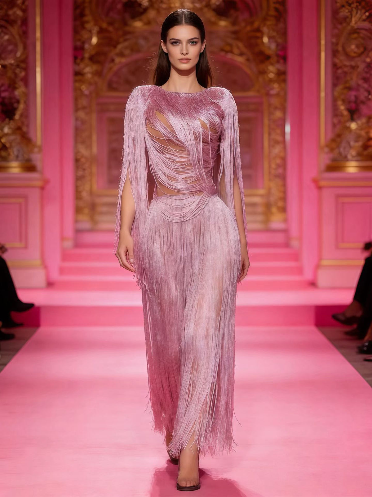 CELESINYI Yingwu Crystal Pink Fringe Gown