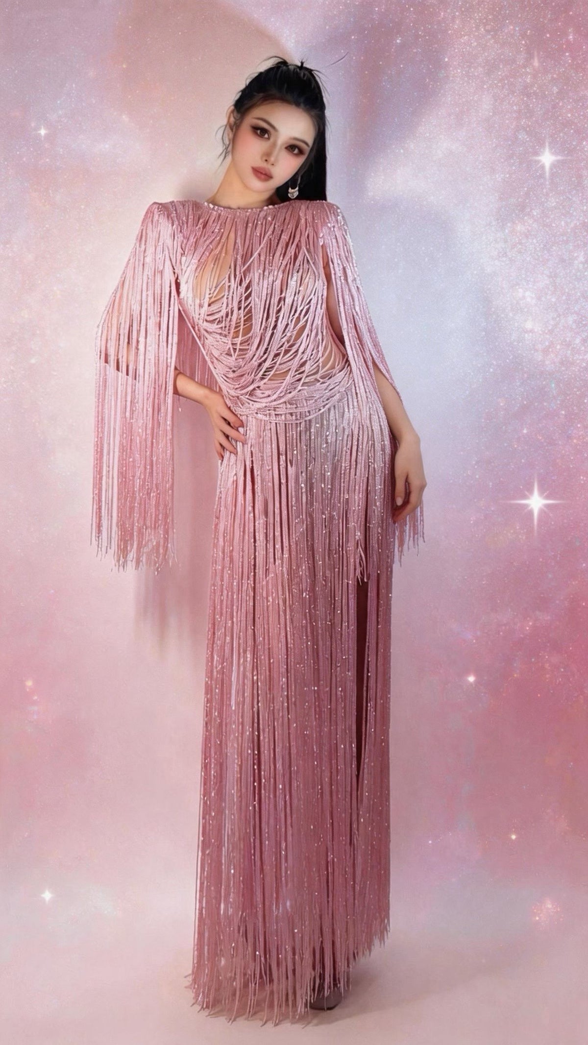 CELESINYI Yingwu Crystal Pink Fringe Gown