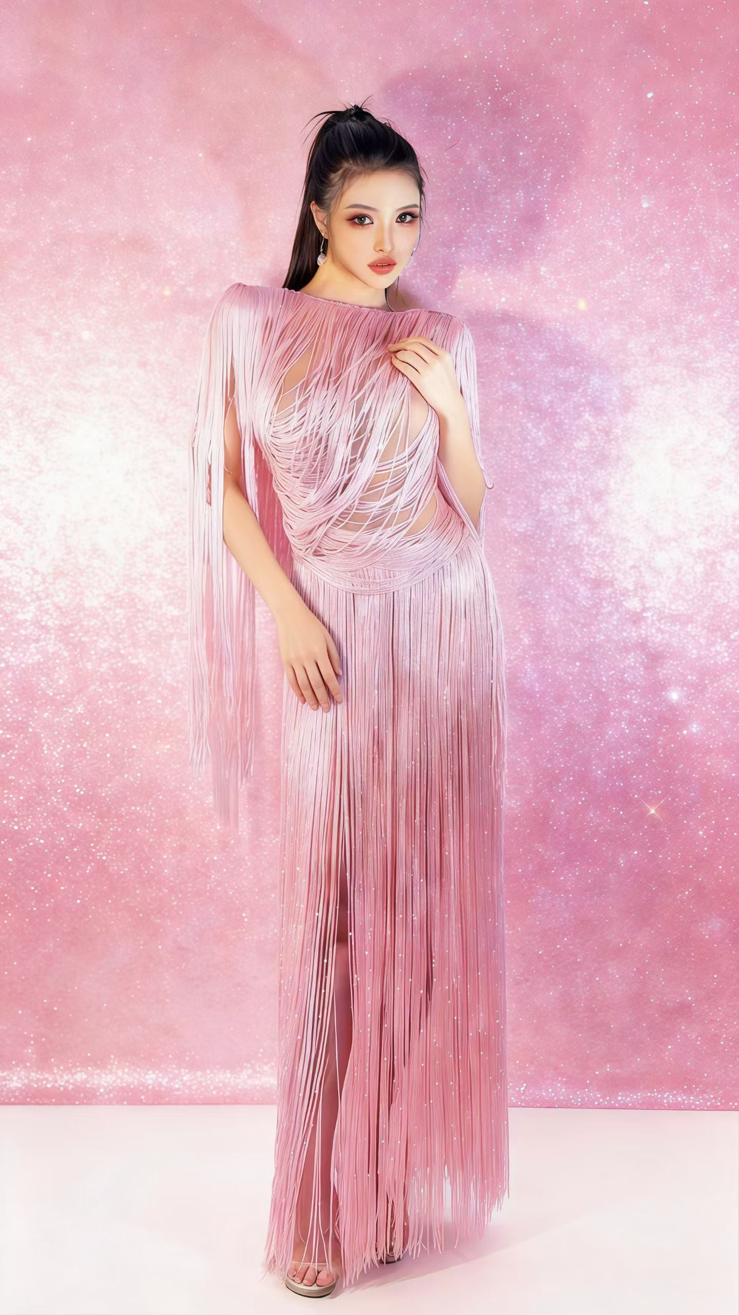 CELESINYI Yingwu Crystal Pink Fringe Gown