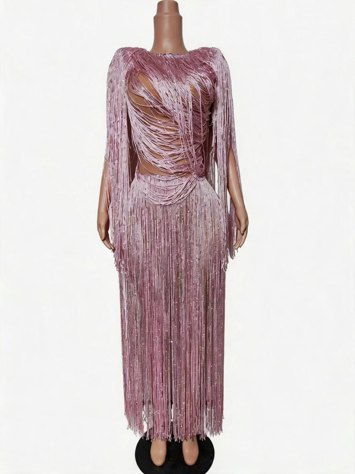 CELESINYI Yingwu Crystal Pink Fringe Gown