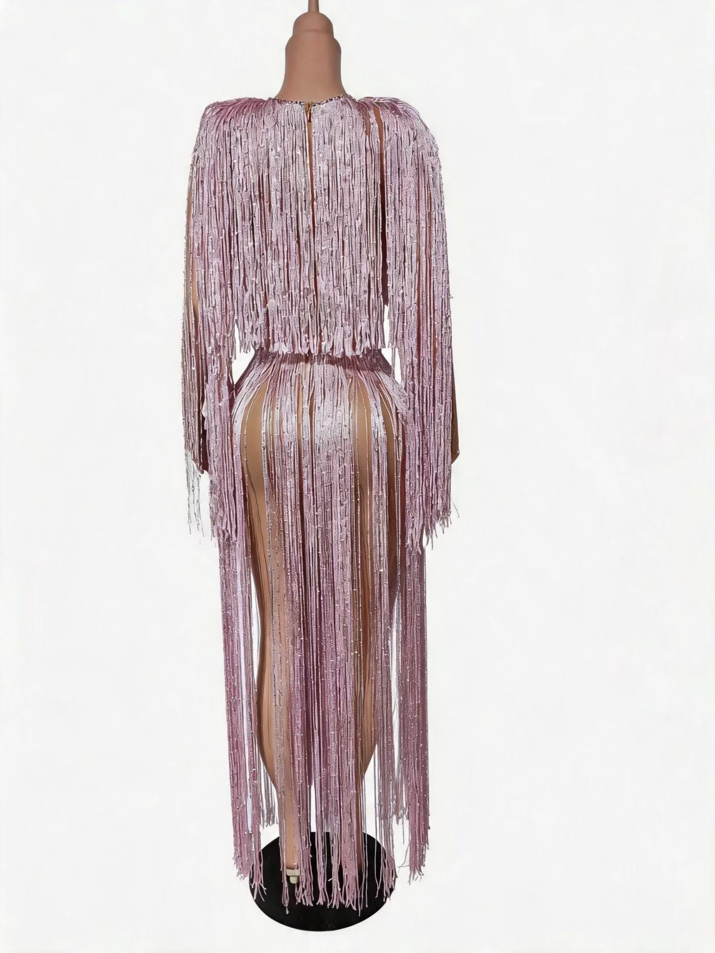 CELESINYI Yingwu Crystal Pink Fringe Gown