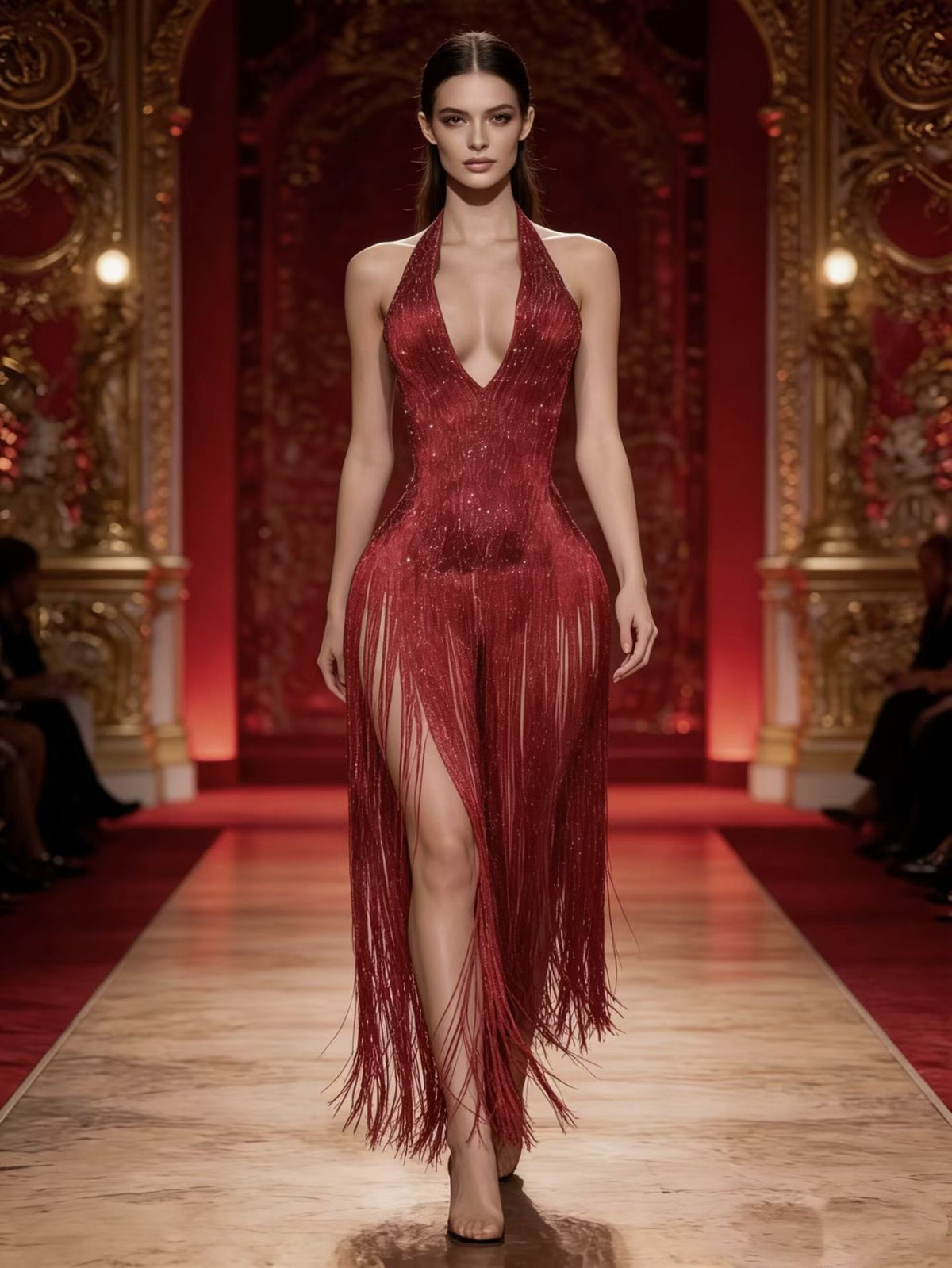 CELESINYI Chimeng Crystal Crimson Fringe Gown