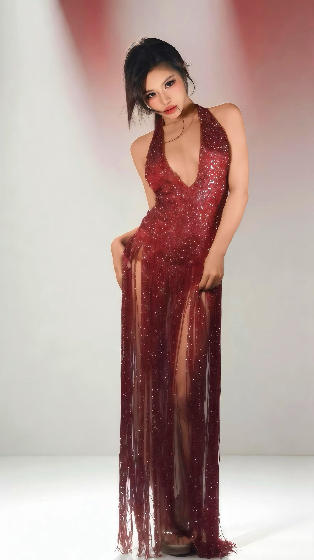 CELESINYI Chimeng Crystal Crimson Fringe Gown