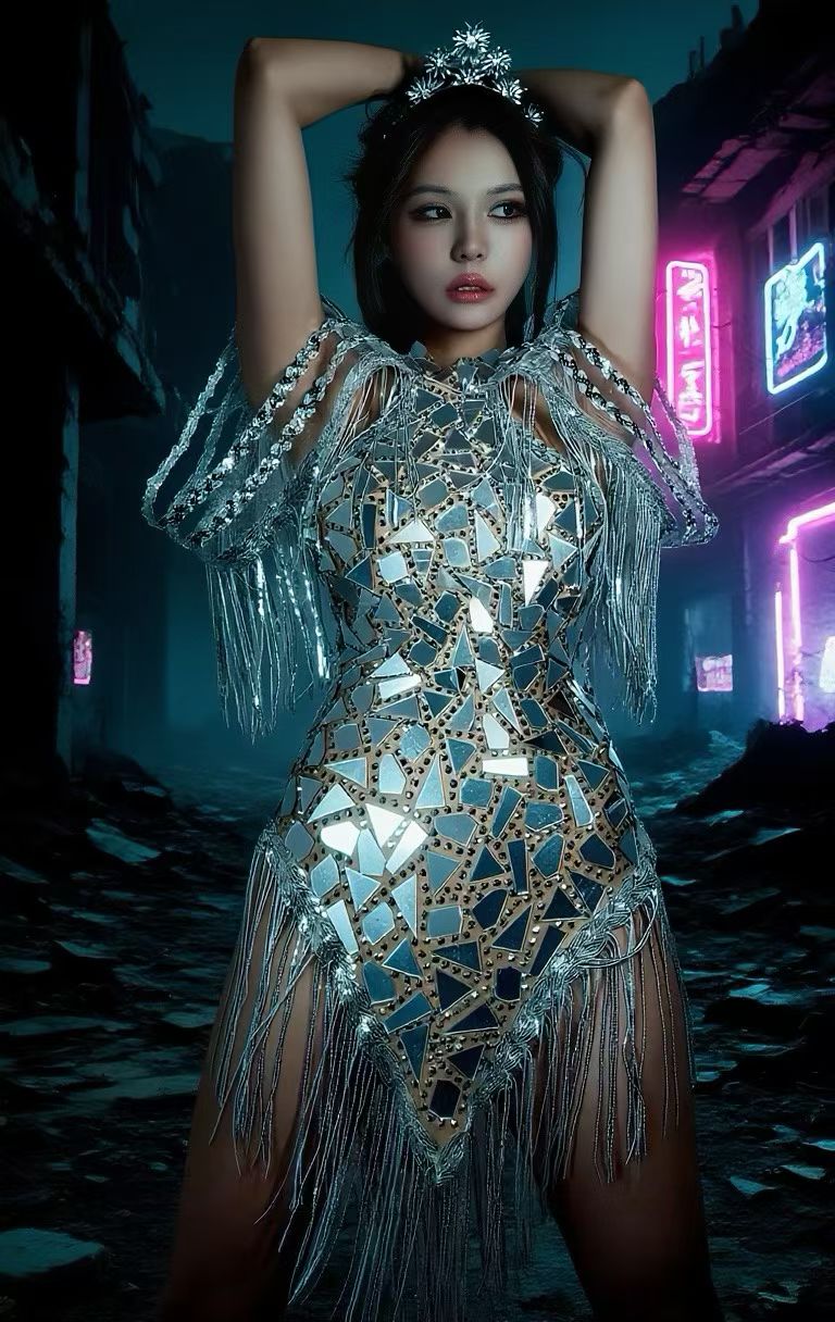 CELESINYI Suijing Crystal Mirror Shard Mini Dress