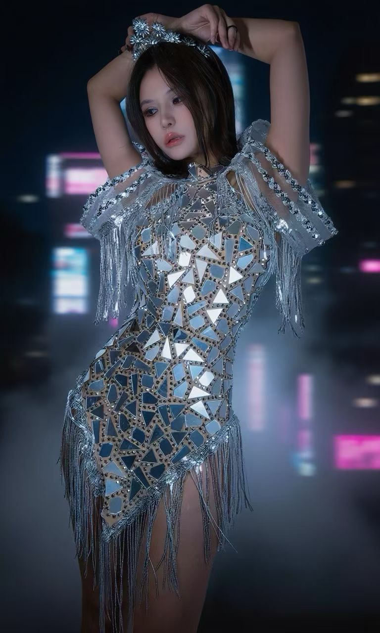 CELESINYI Suijing Crystal Mirror Shard Mini Dress