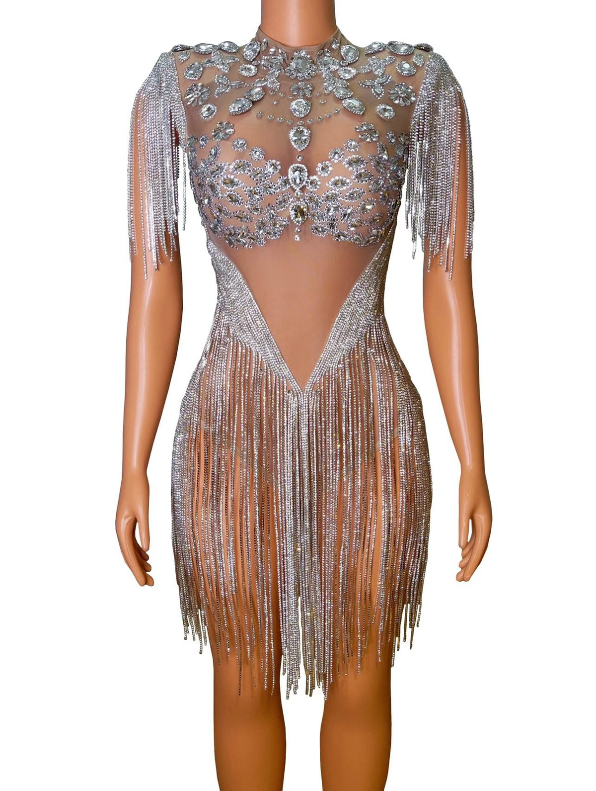 CELESINYI Wuyin Crystal Silver Fringe Gown