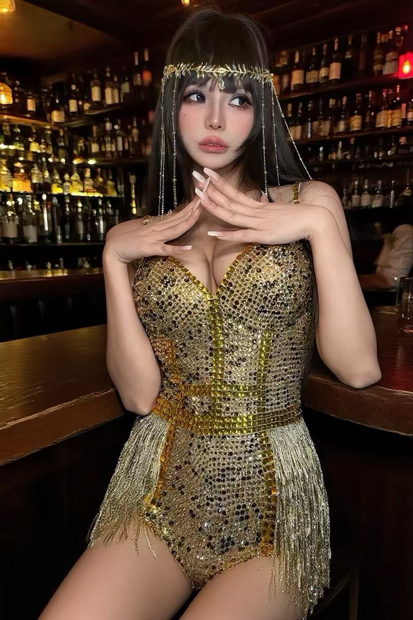 CELESINYI Jinmang Crystal Gold Fringe Corset Set