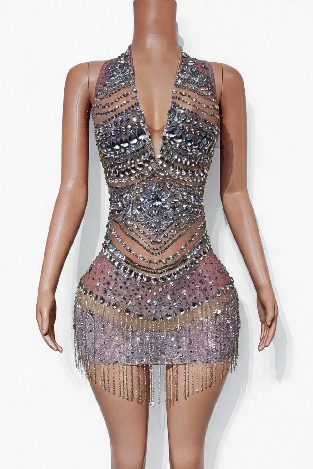CELESINYI Jingyu Crystal Silver Chain Fringe Mini Dress
