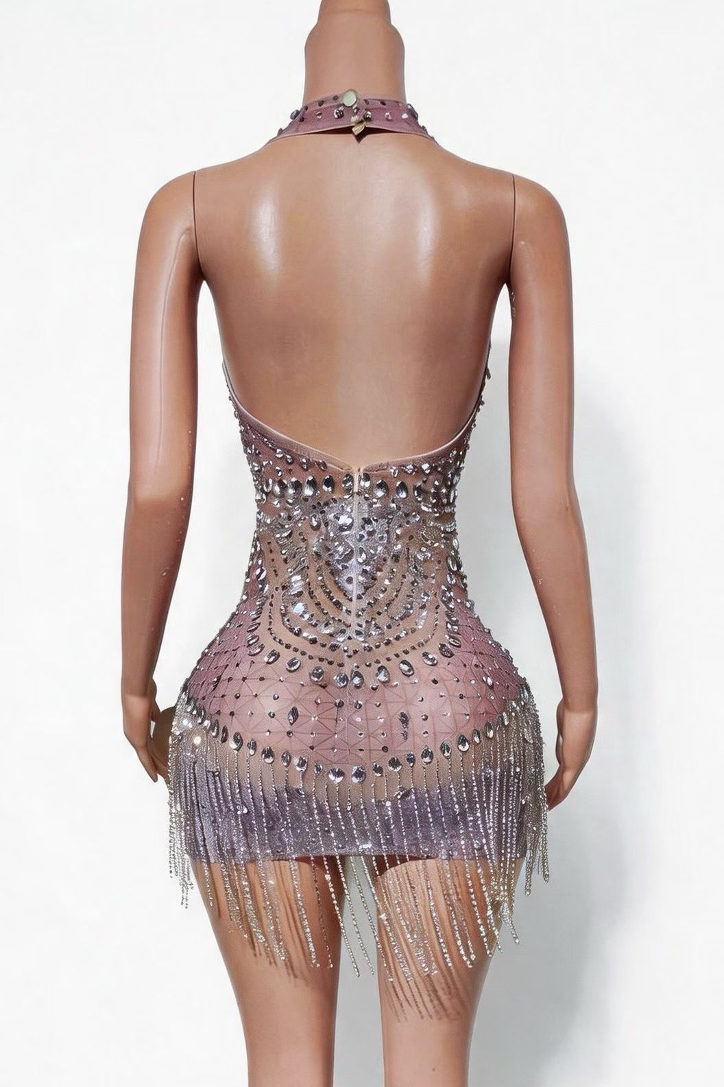 CELESINYI Jingyu Crystal Silver Chain Fringe Mini Dress