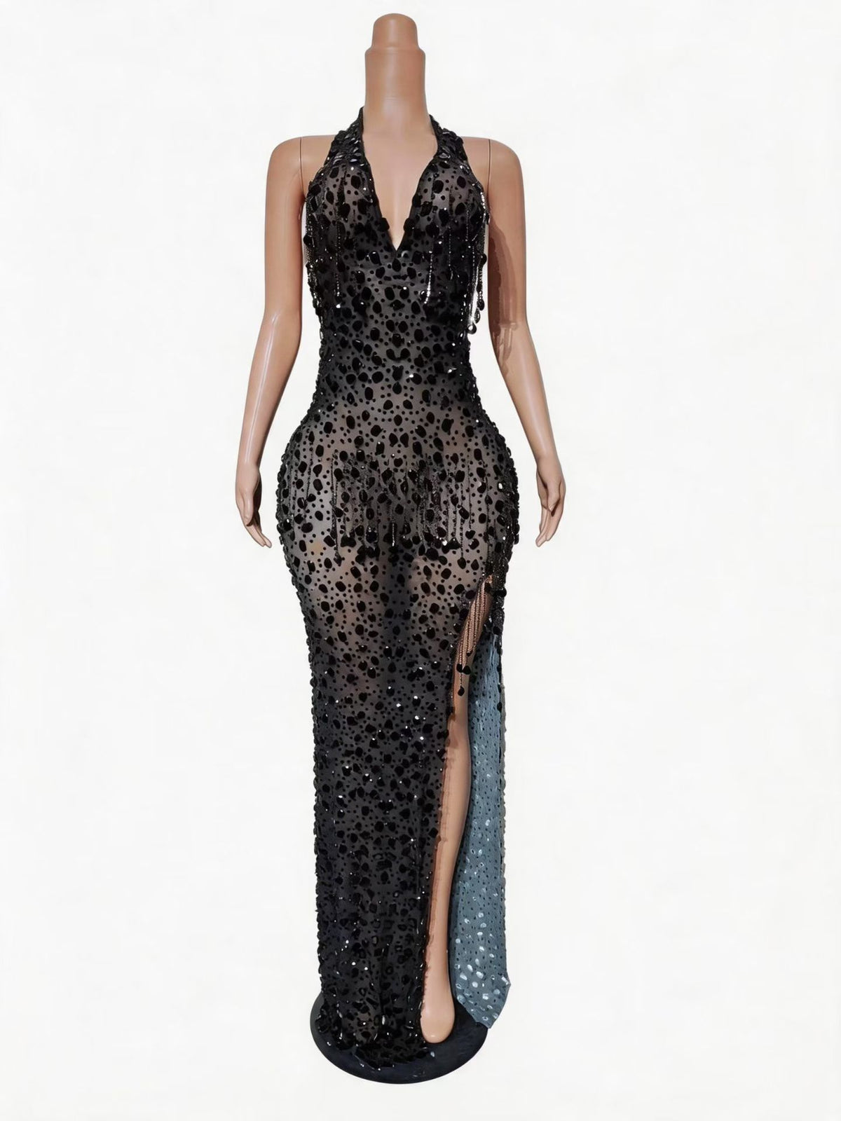 CELESINYI Chiyan Crystal Black Sequin High Slit Gown