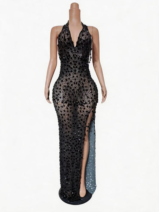 CELESINYI Chiyan Crystal Black Sequin High Slit Gown
