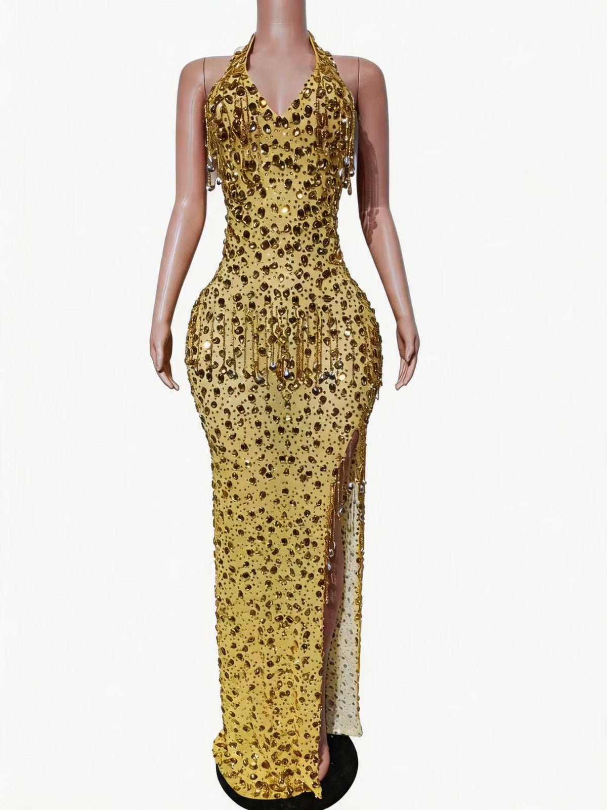 CELESINYI Chiyan Crystal Black Sequin High Slit Gown