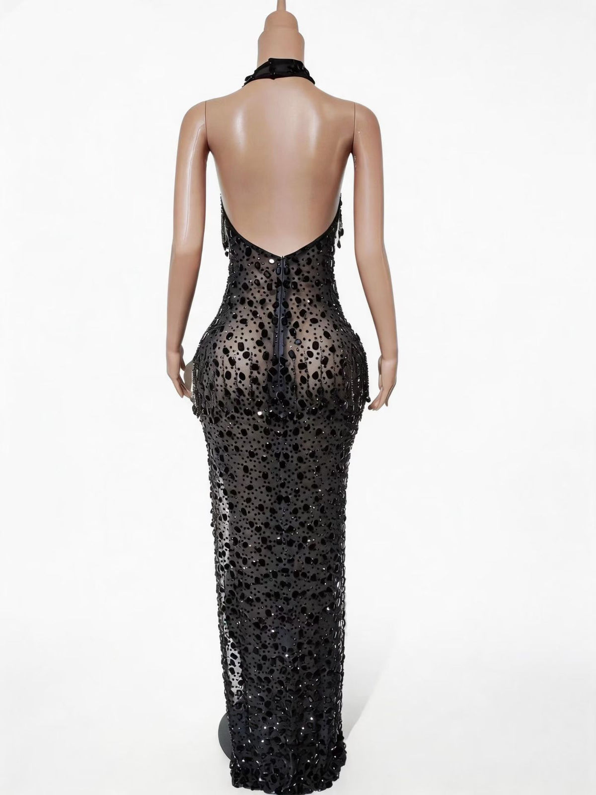 CELESINYI Chiyan Crystal Black Sequin High Slit Gown