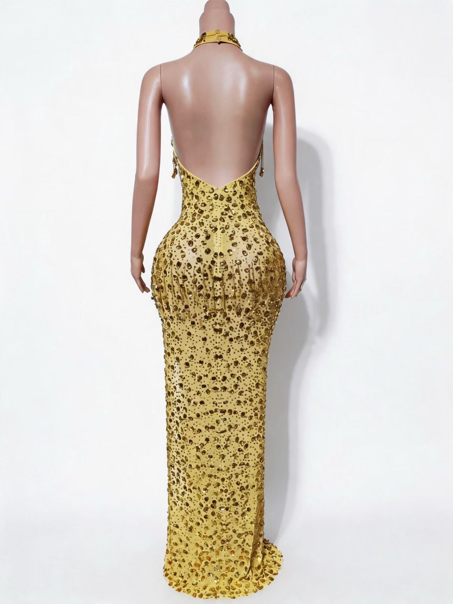 CELESINYI Chiyan Crystal Black Sequin High Slit Gown