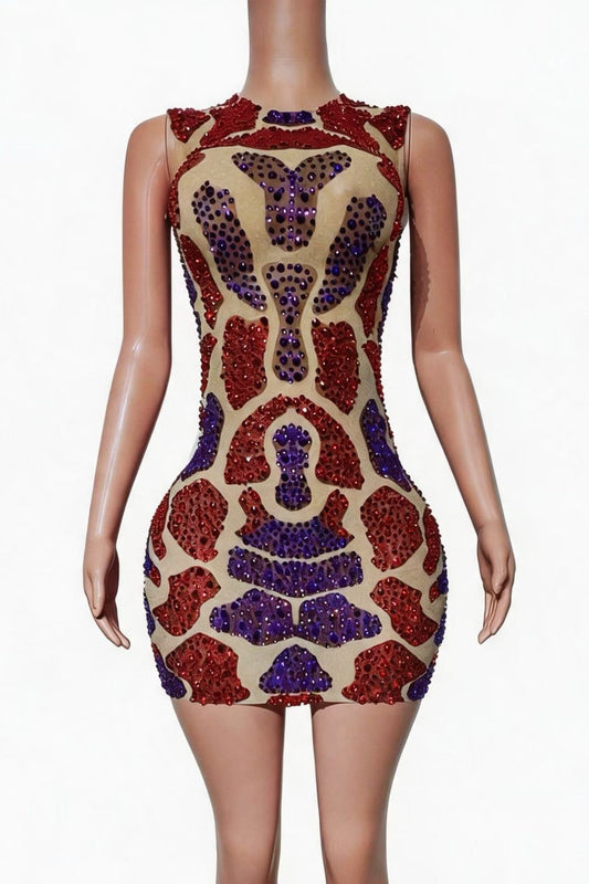 CELESINYI Chimang Crystal Ruby & Violet Mosaic Mini Dress
