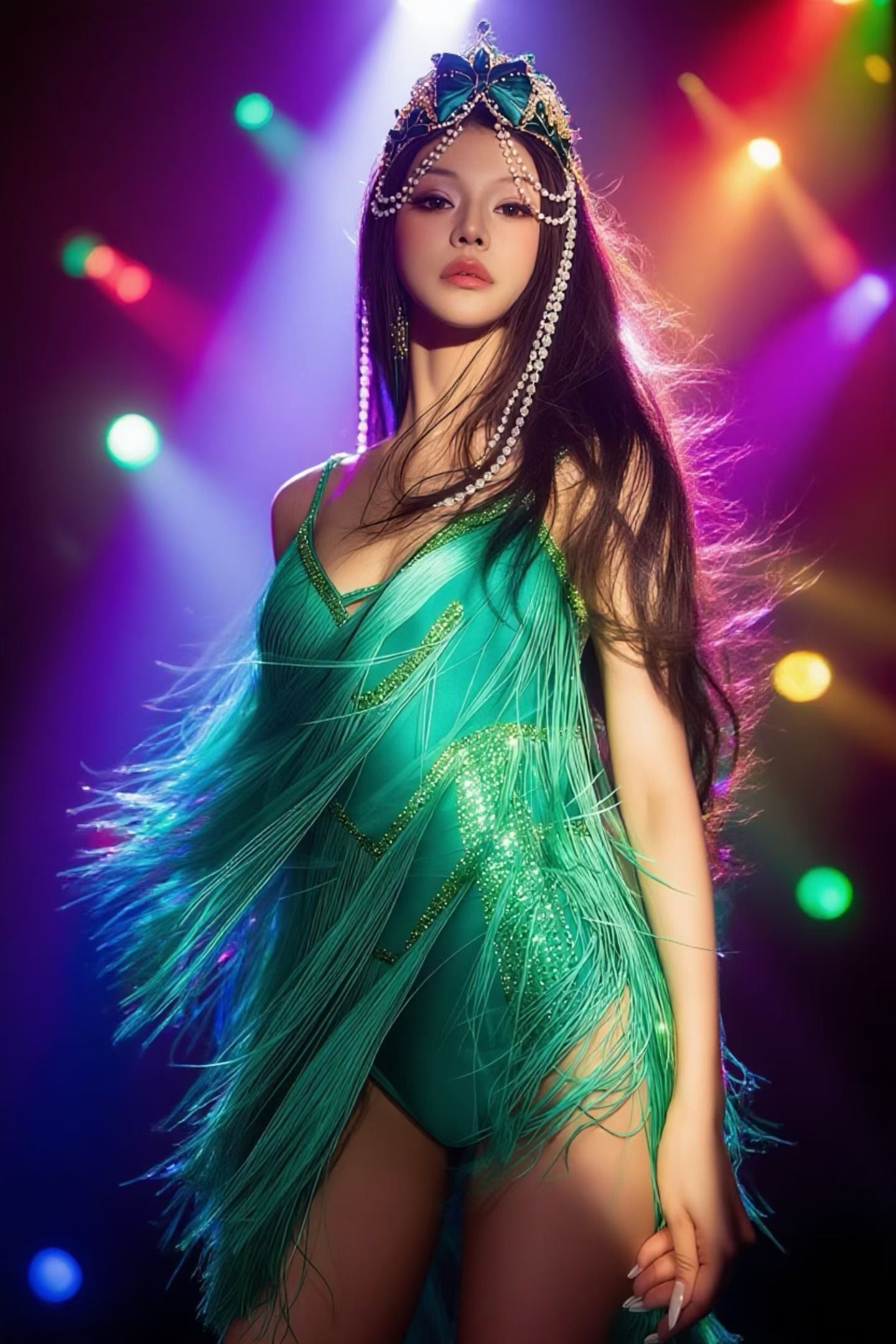 CELESINYI Qingguan Crystal Emerald Fringe Bodysuit