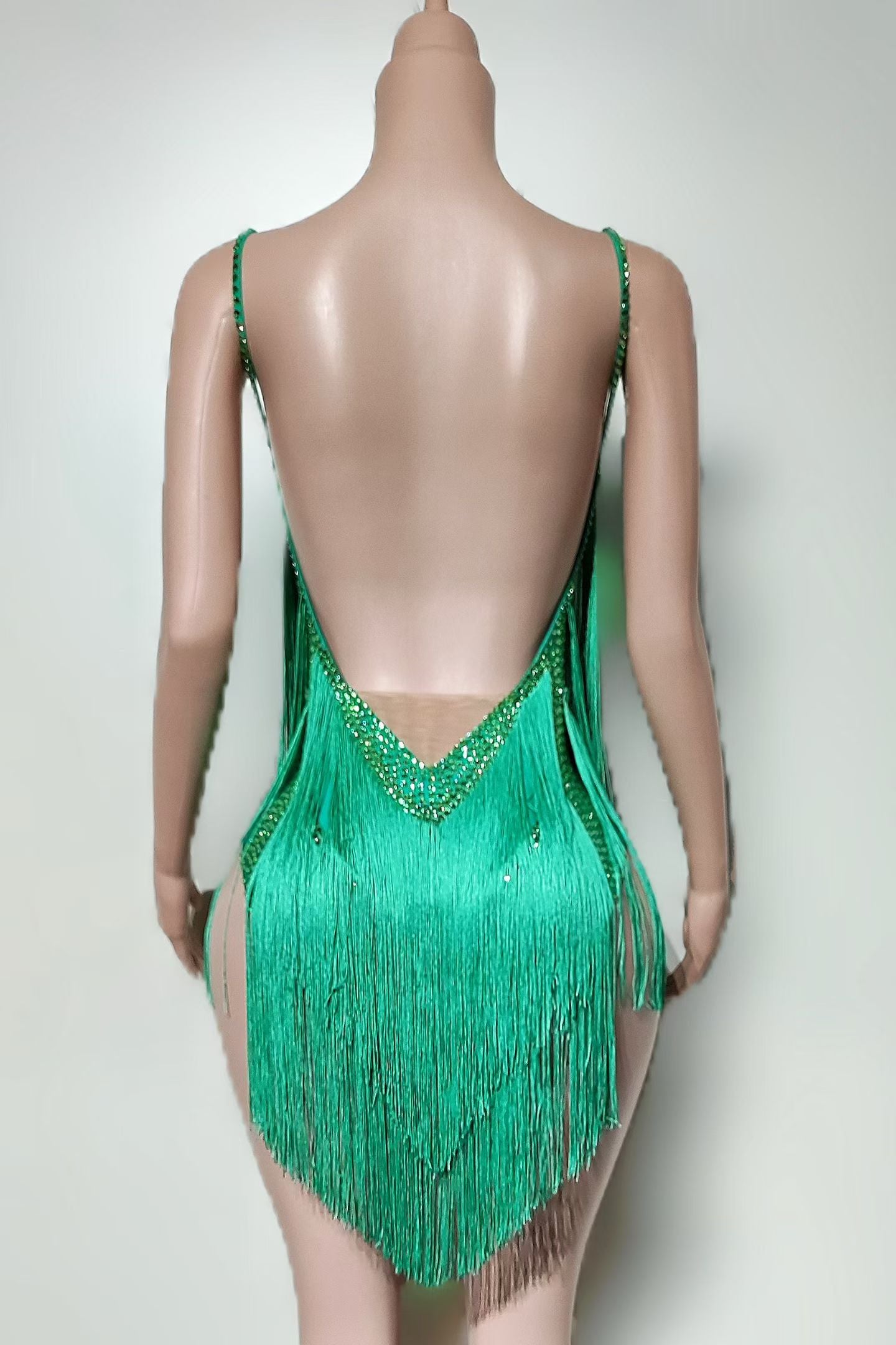 CELESINYI Qingguan Crystal Emerald Fringe Bodysuit