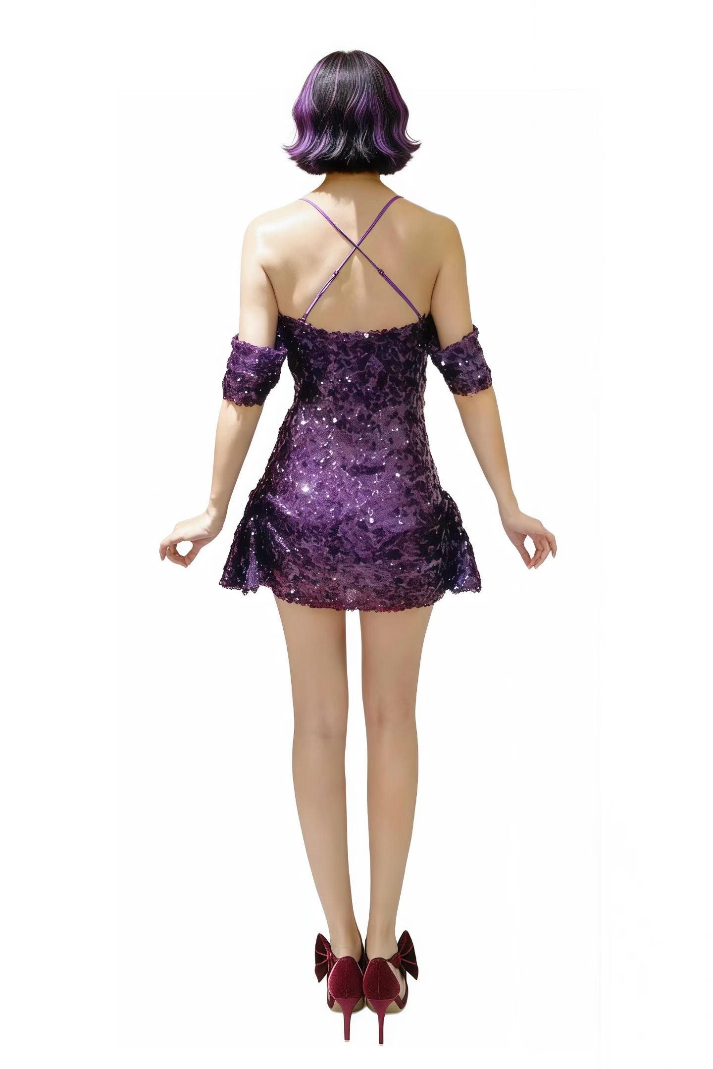 CELESINYI Putaojiu Crystal Purple Sequin Keyhole Mini Dress