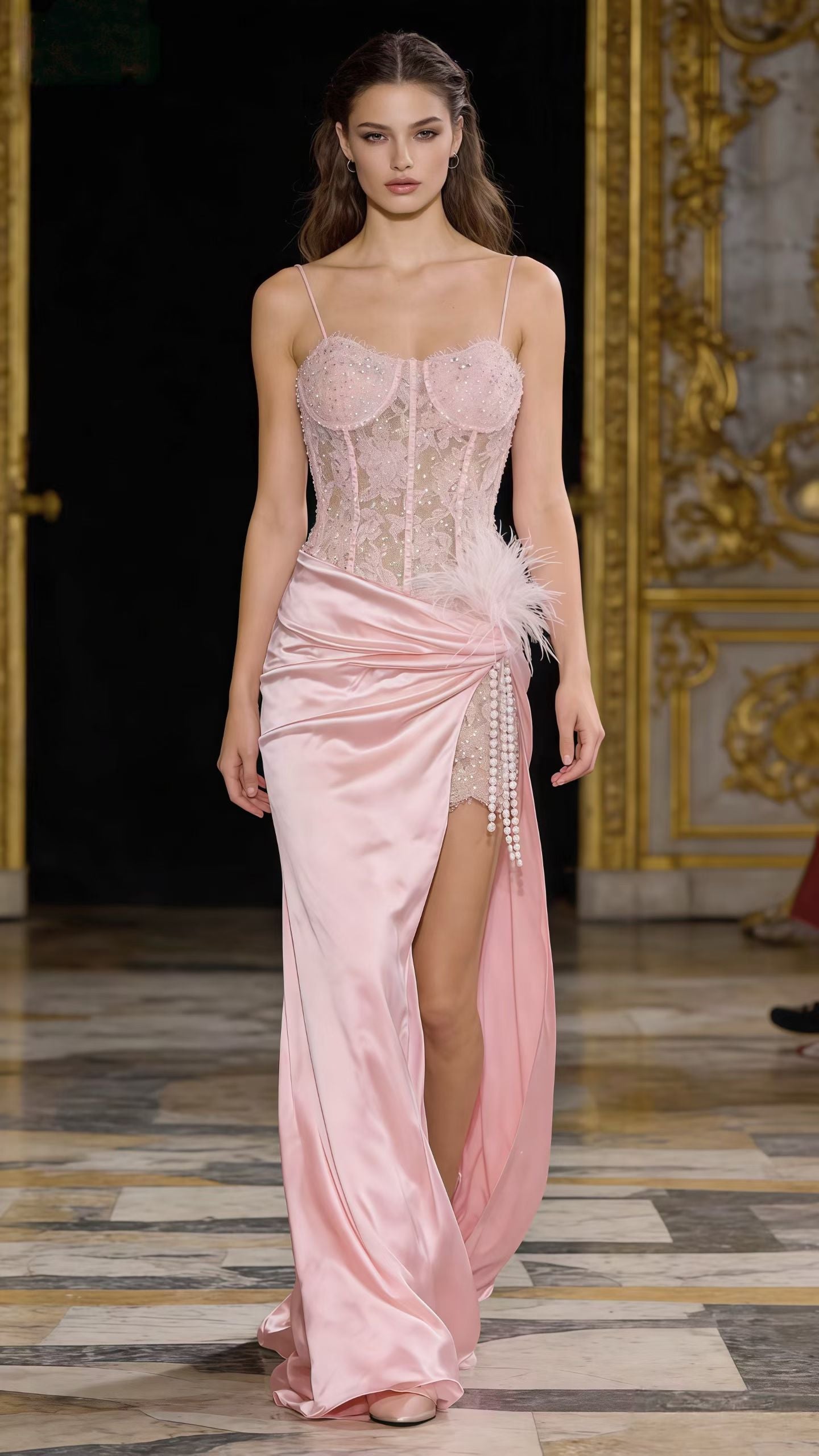 CELESINYI Luosehua Crystal Pearl Lace Corset Set