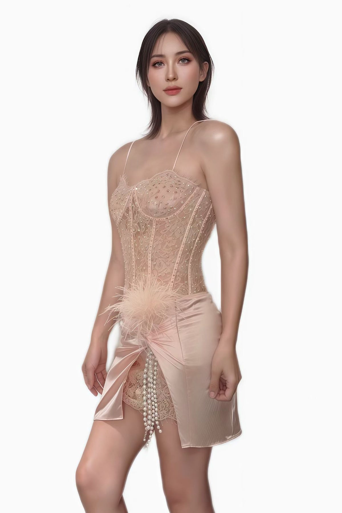 CELESINYI Luosehua Crystal Pearl Lace Corset Set