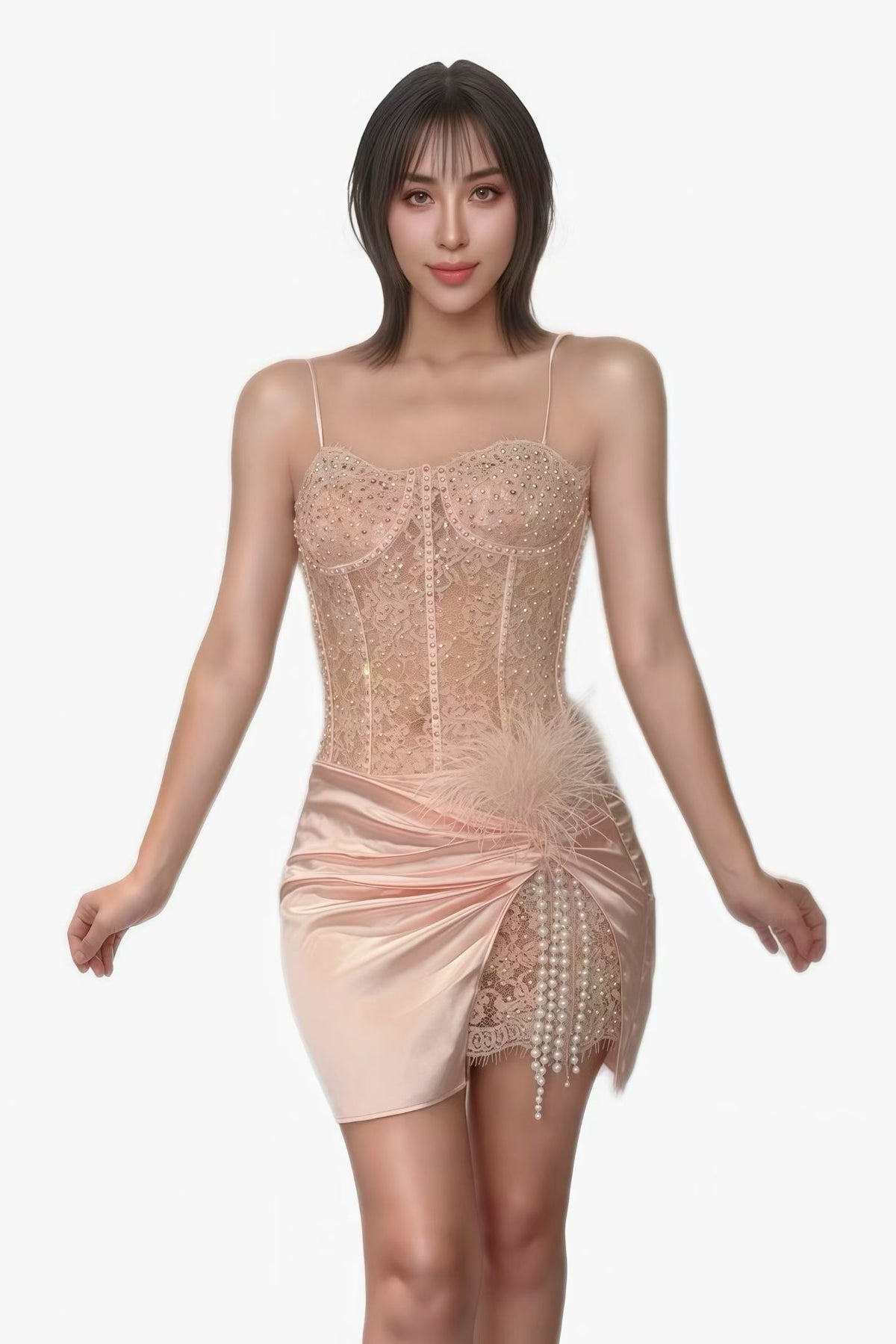CELESINYI Luosehua Crystal Pearl Lace Corset Set