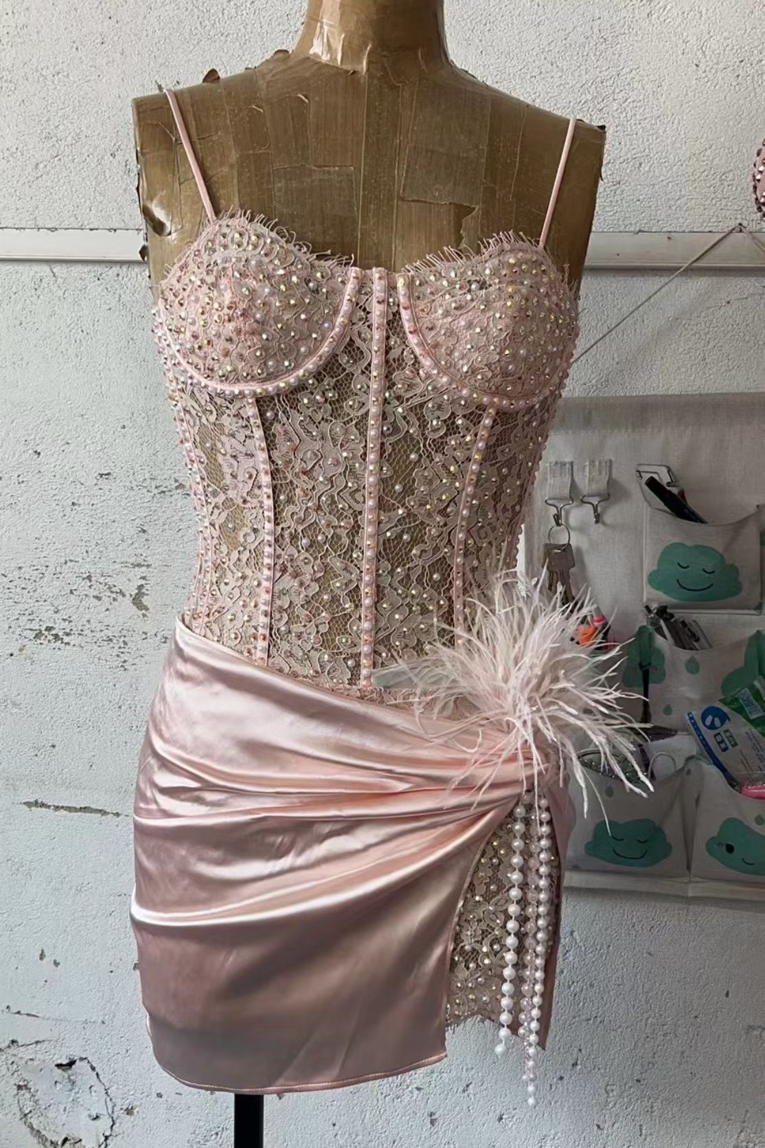 CELESINYI Luosehua Crystal Pearl Lace Corset Set