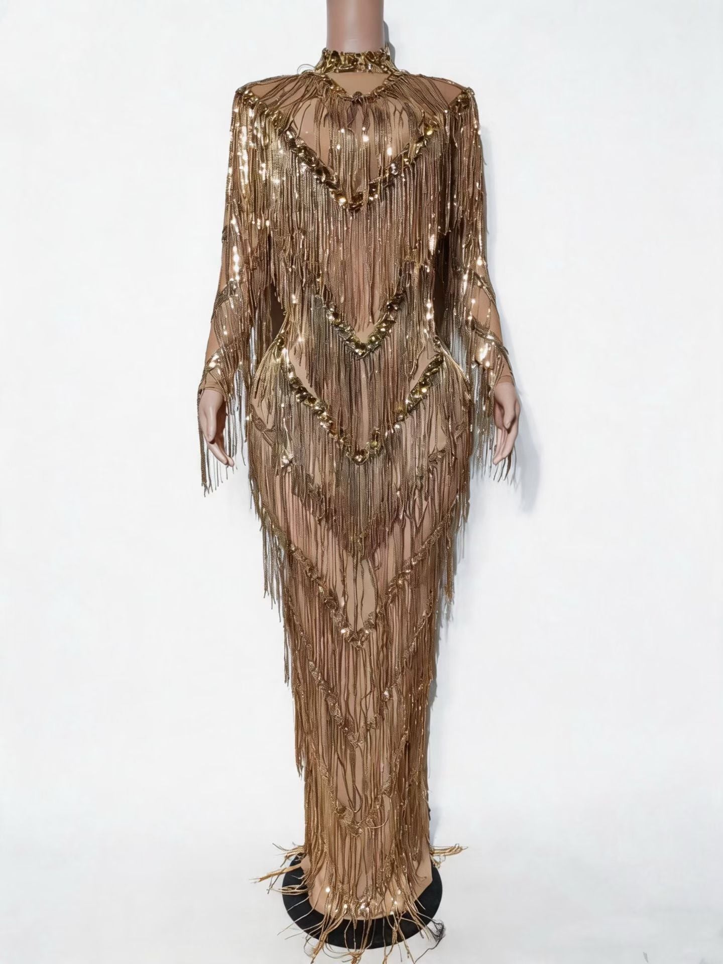 CELESINYI Dajinbei Crystal Gold Fringe Gown
