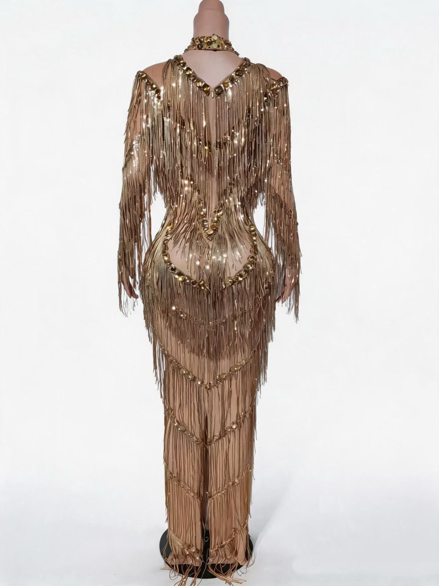 CELESINYI Dajinbei Crystal Gold Fringe Gown