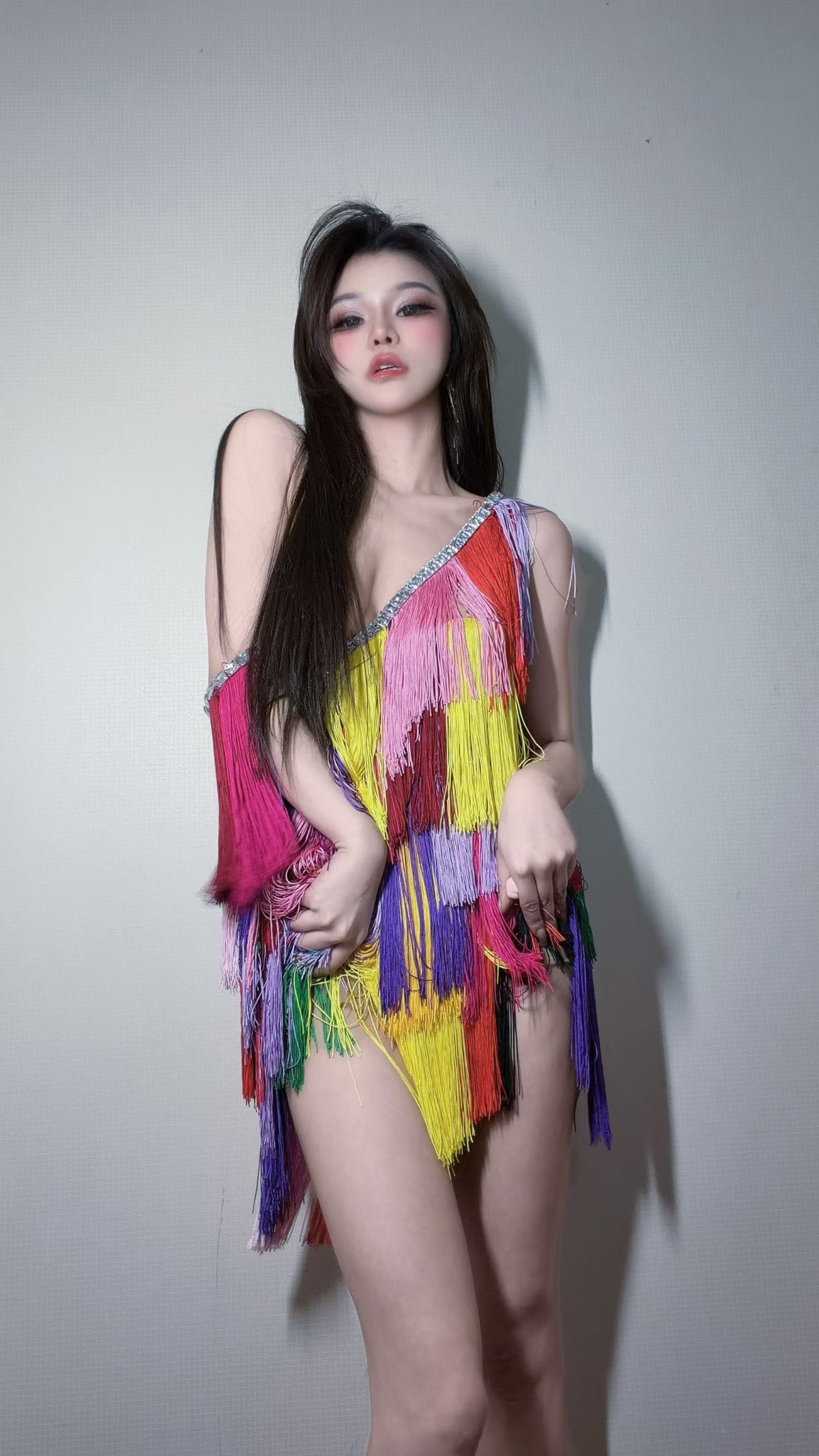 CELESINYI Tiaoseban Crystal Color-Block Fringe Mini Dress