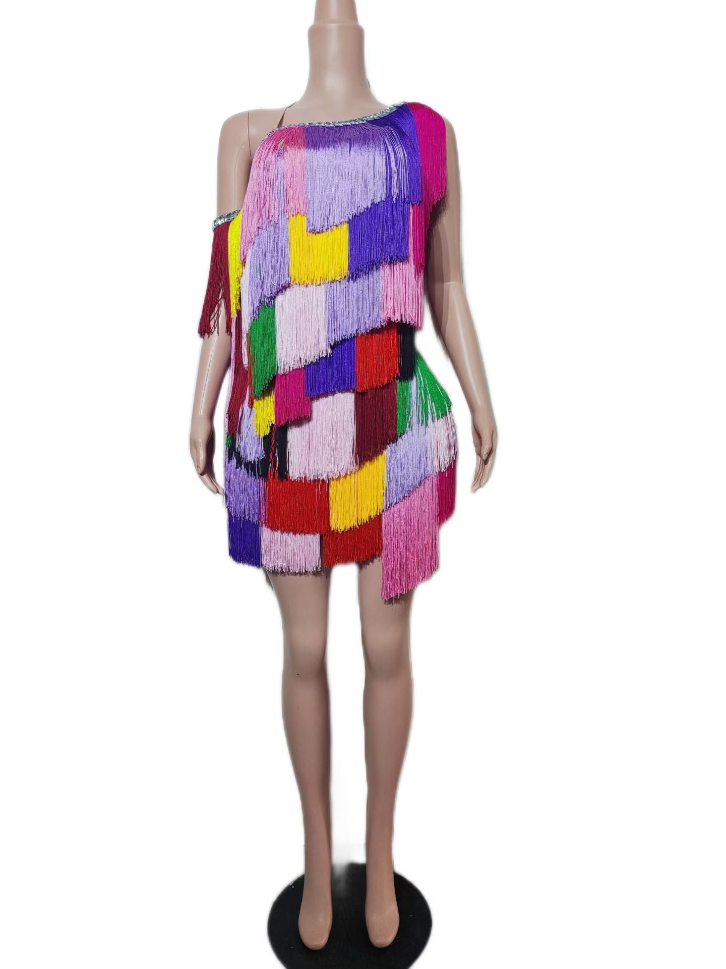 CELESINYI Tiaoseban Crystal Color-Block Fringe Mini Dress