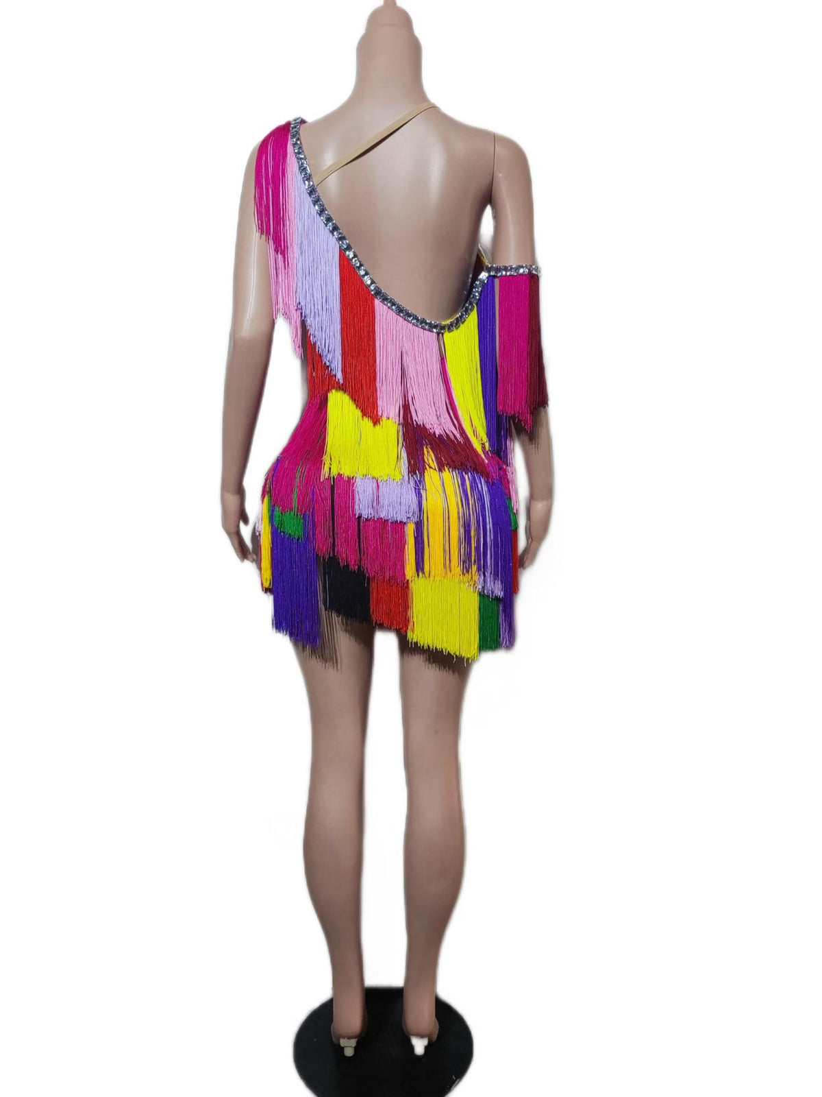 CELESINYI Tiaoseban Crystal Color-Block Fringe Mini Dress