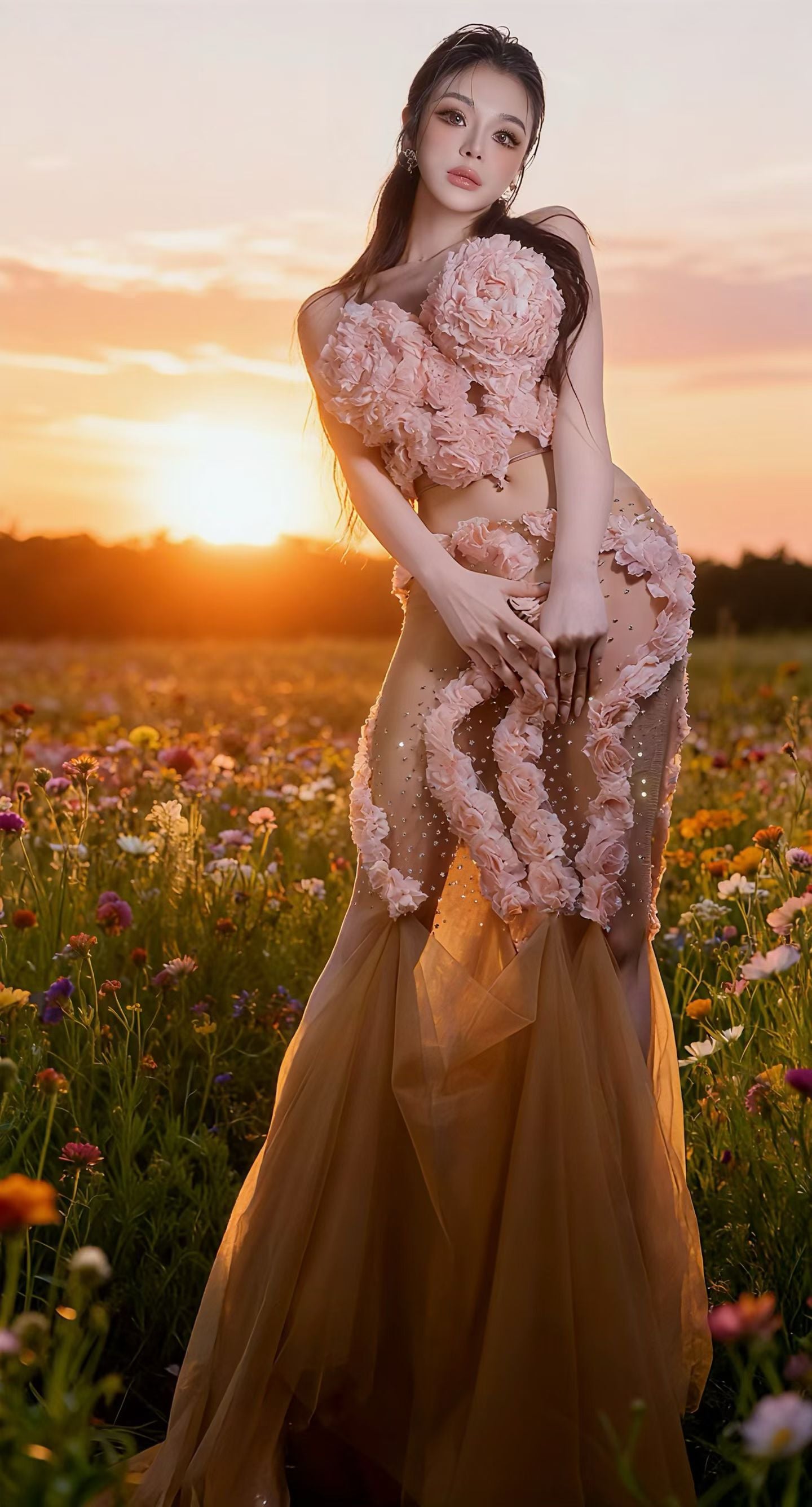CELESINYI Taoyao Crystal Rose Corset Tulle Gown Set