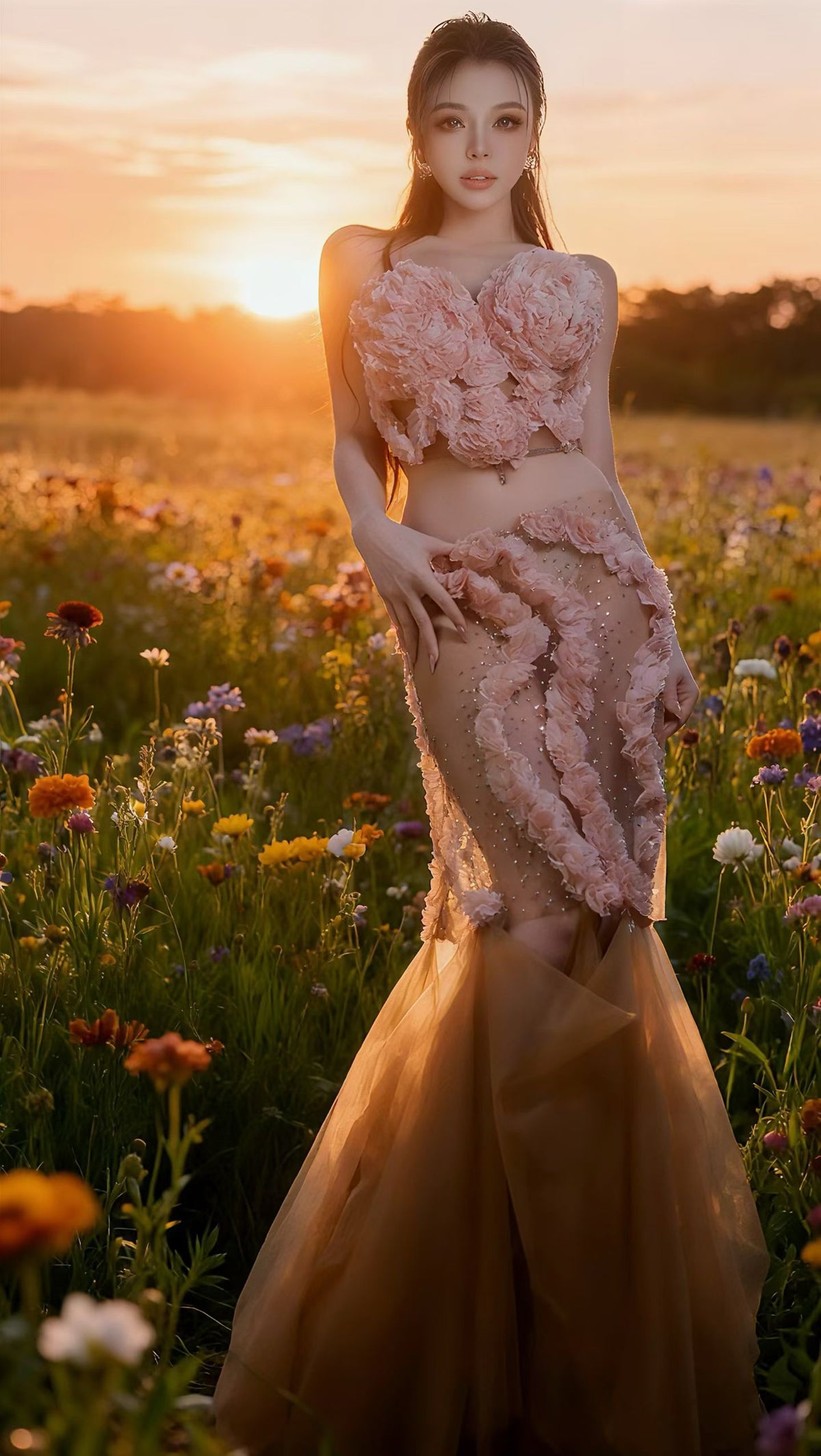 CELESINYI Taoyao Crystal Rose Corset Tulle Gown Set