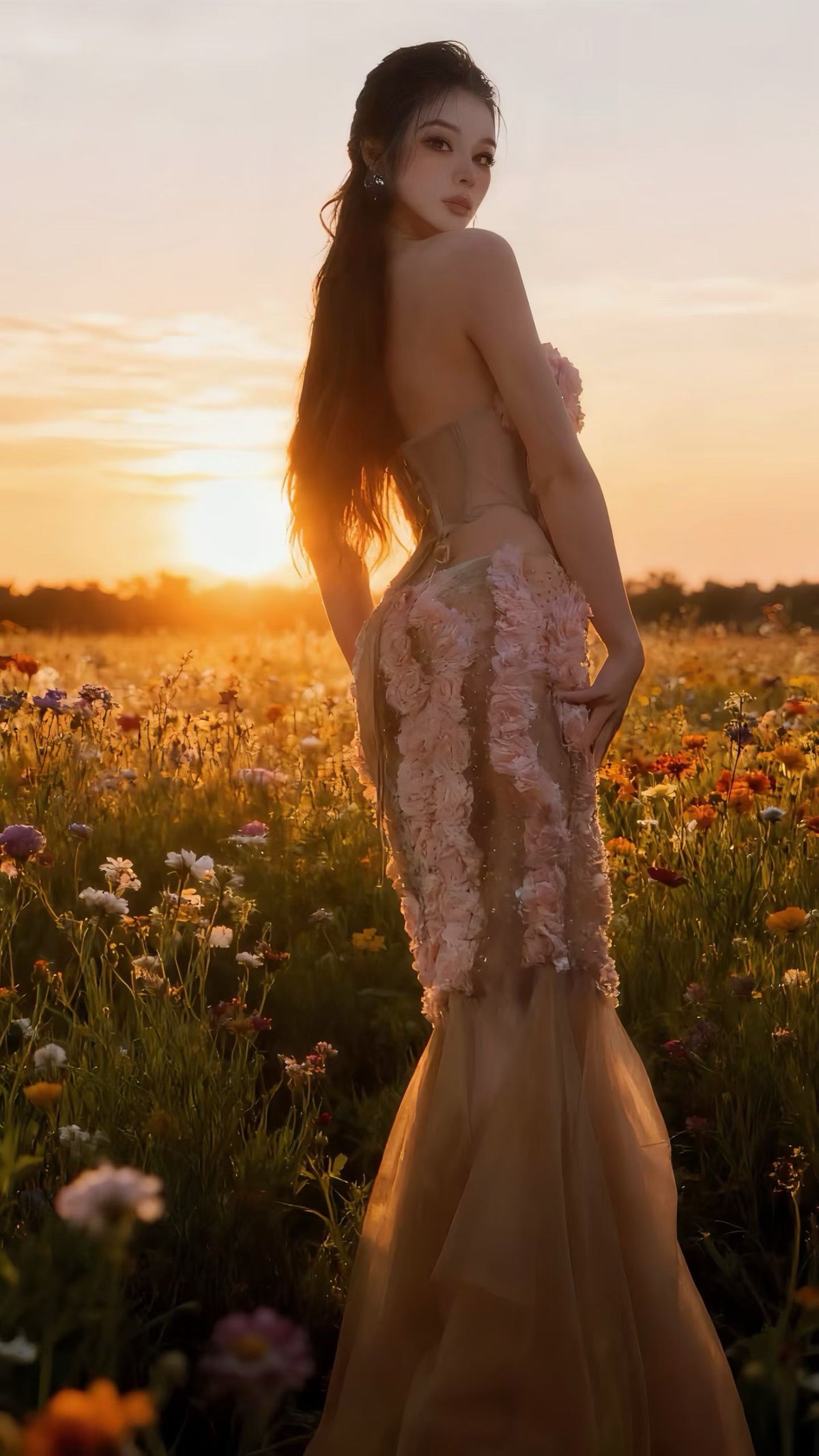 CELESINYI Taoyao Crystal Rose Corset Tulle Gown Set