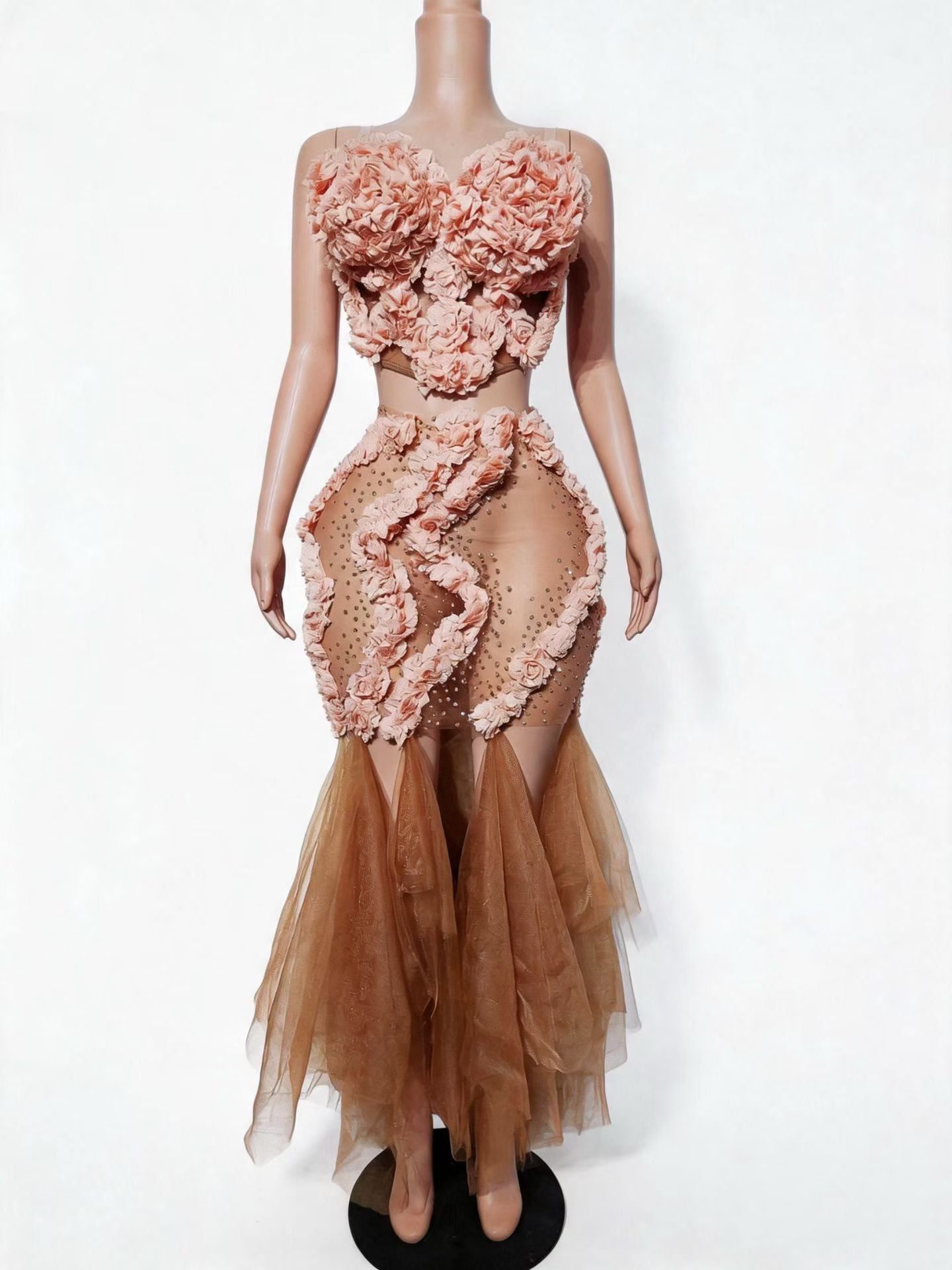 CELESINYI Taoyao Crystal Rose Corset Tulle Gown Set
