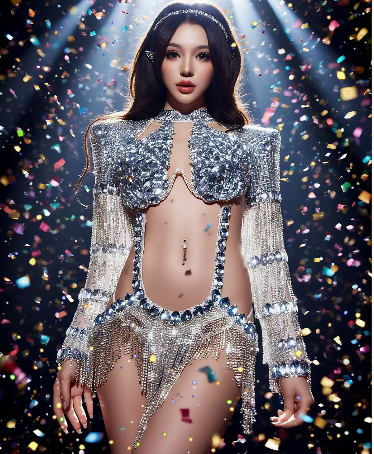 CELESINYI Qinghe Crystal Silver Armor Fringe Set