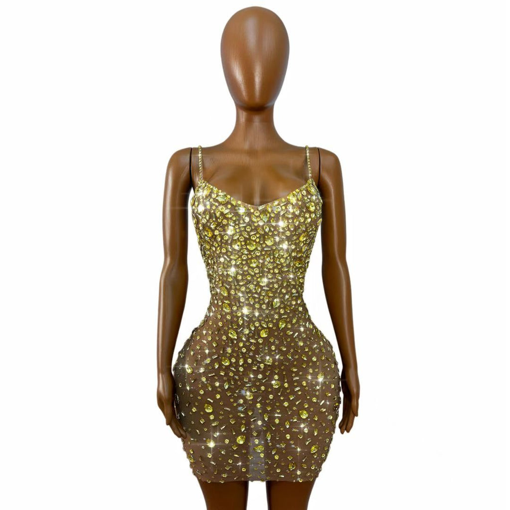 CELESINYI Xingshanshan Crystal Sparkle Mini Dress (Gold)