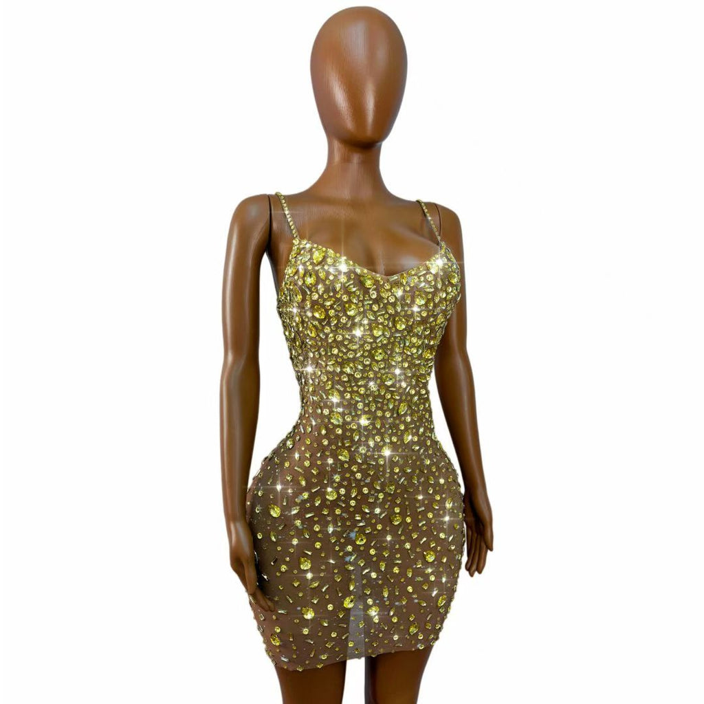CELESINYI Xingshanshan Crystal Sparkle Mini Dress (Gold)