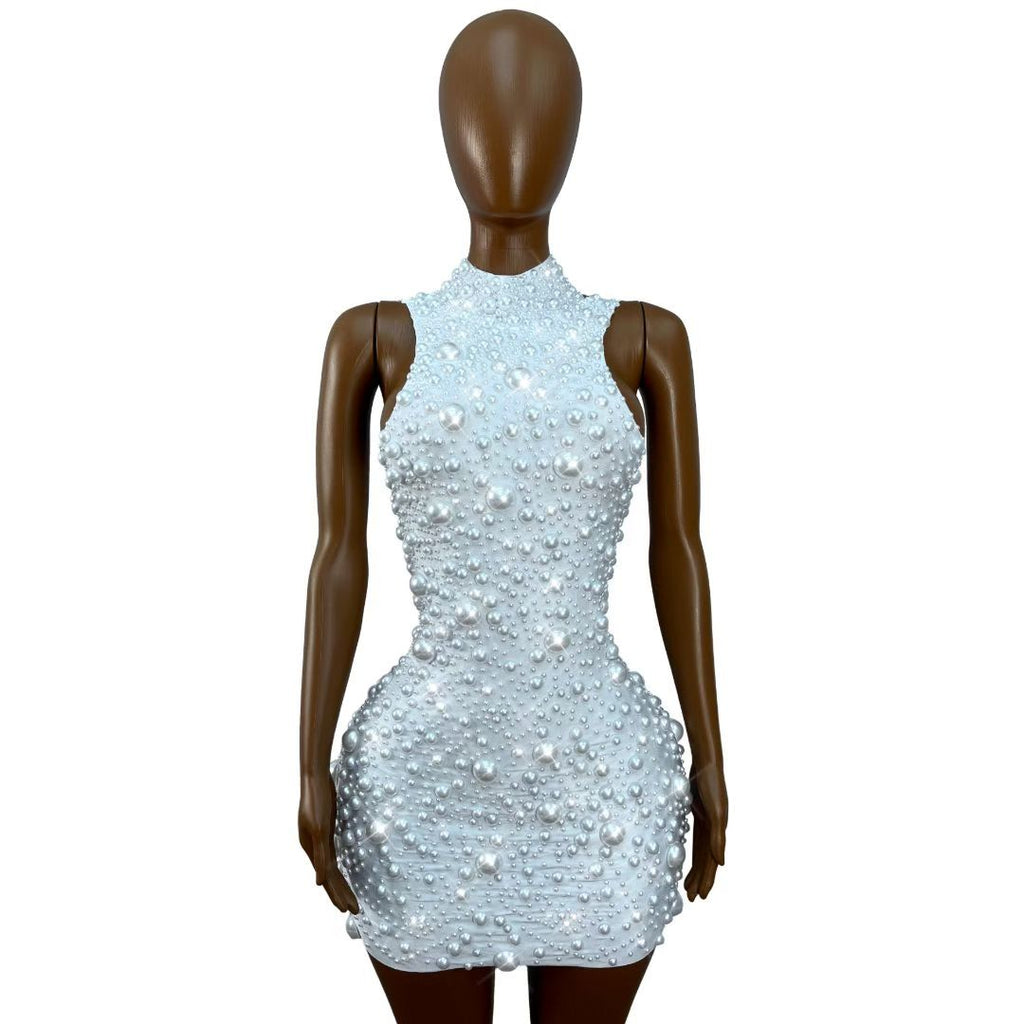 CELESINYI Dazhu Crystal Pearl Stretch Mini Dress