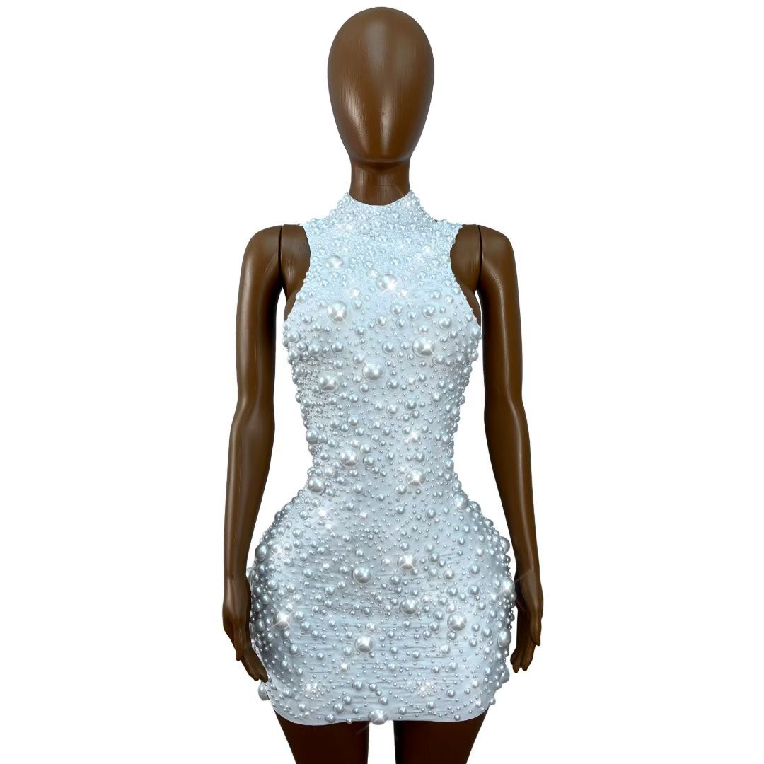 CELESINYI Dazhu Crystal Pearl Stretch Mini Dress