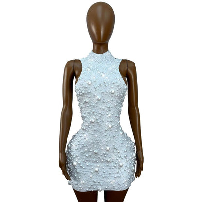 CELESINYI Dazhu Crystal Pearl Stretch Mini Dress