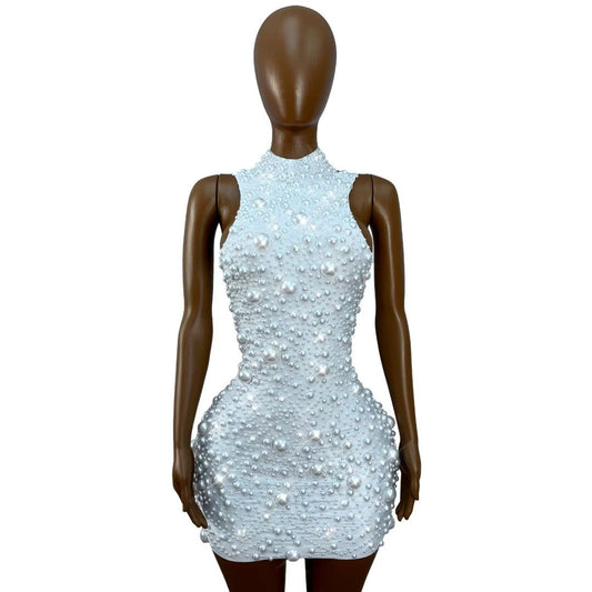 CELESINYI Dazhu Crystal Pearl Stretch Mini Dress