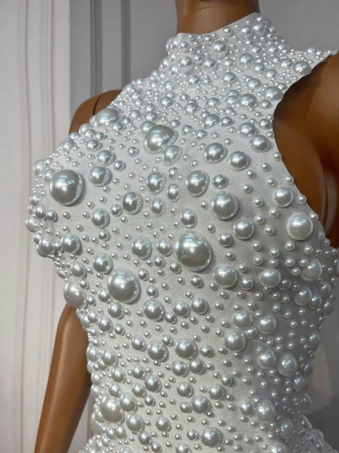 CELESINYI Dazhu Crystal Pearl Stretch Mini Dress
