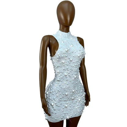 CELESINYI Dazhu Crystal Pearl Stretch Mini Dress