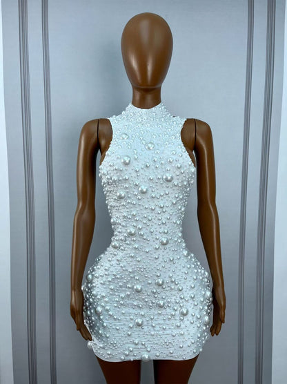 CELESINYI Dazhu Crystal Pearl Stretch Mini Dress