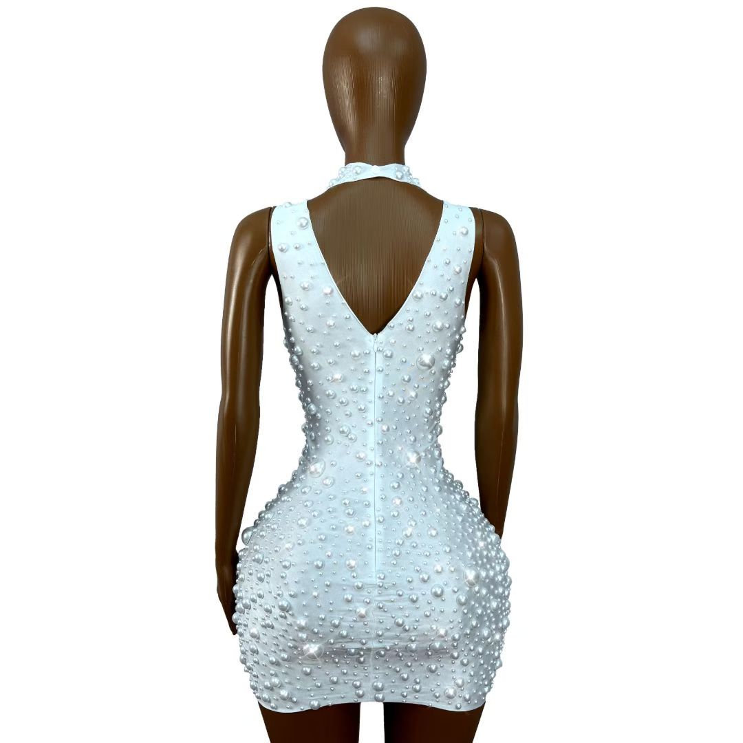 CELESINYI Dazhu Crystal Pearl Stretch Mini Dress