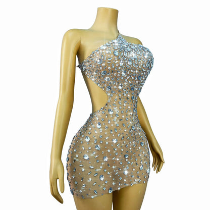 CELESINYI Xiaoxingshan Crystal One-Shoulder Mini Dress