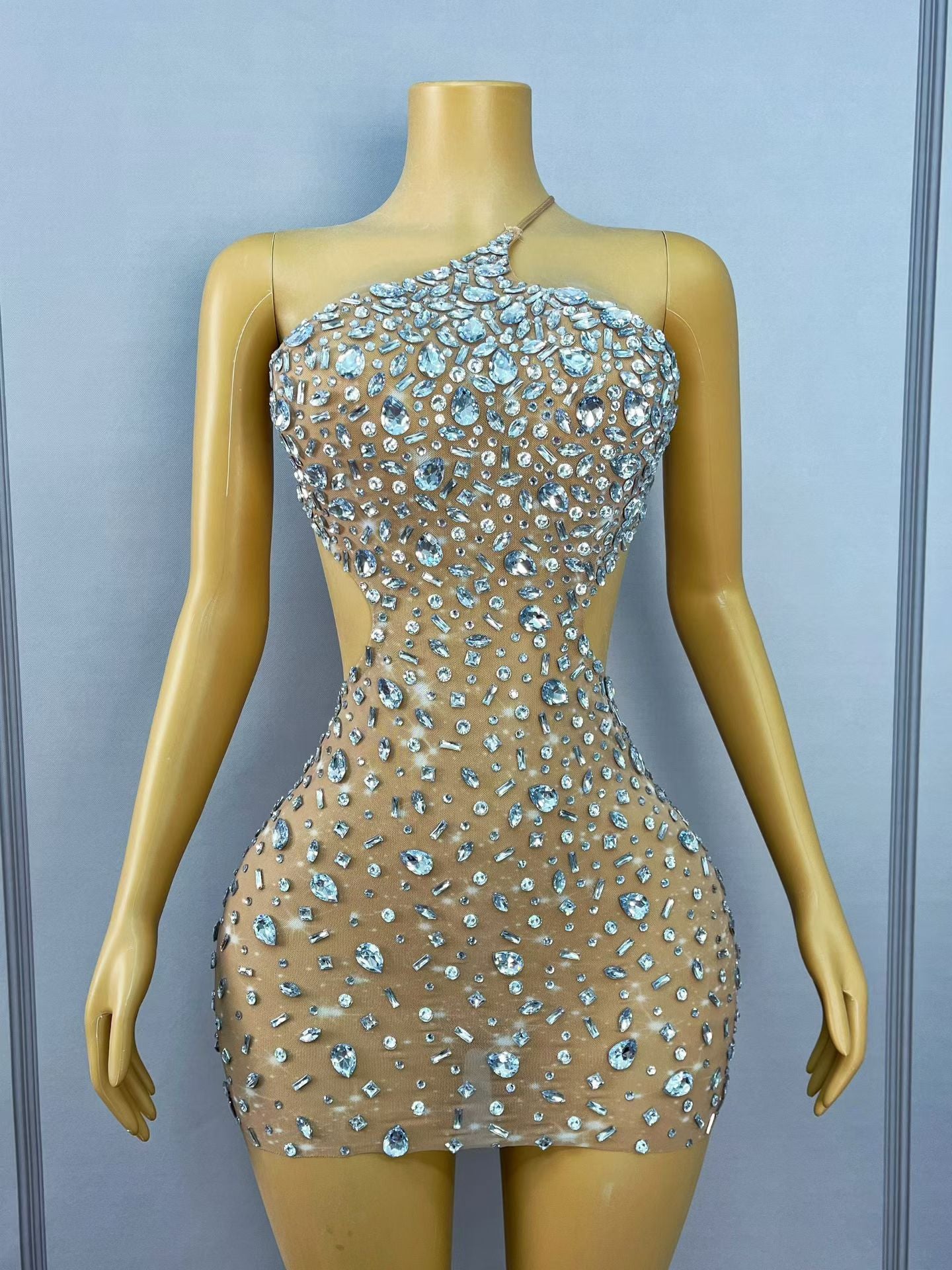 CELESINYI Xiaoxingshan Crystal One-Shoulder Mini Dress