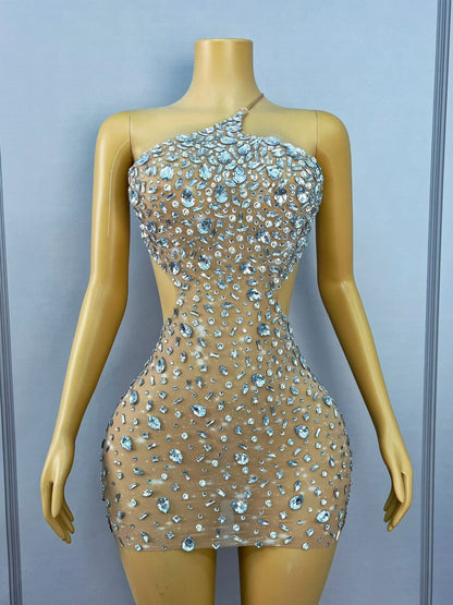 CELESINYI Xiaoxingshan Crystal One-Shoulder Mini Dress